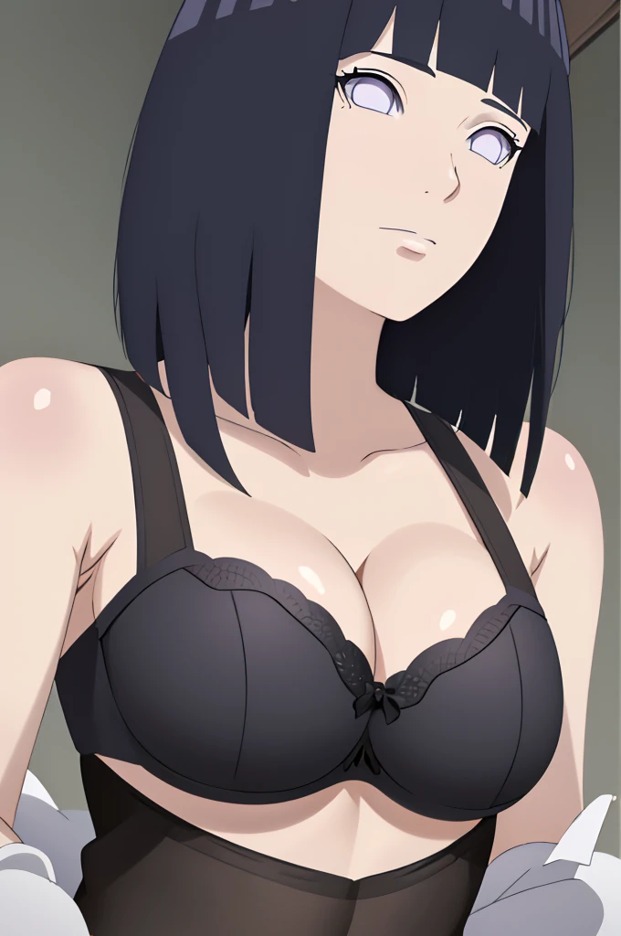 masterpiece, (intricate details), (colorful),cinematic lighting,extremely detailed CG unity 8k wallpaper ,hinata\(boruto\), 1girl,solo, large breasts, (hinata, hyuuga hinata, purple eyes, blunt bangs, black hair) big breasts, perfect breasts, large breasts, round breasts, sexy body, black bra, push up bra, cleavage, bare shoulders, collarbone, underboob, plain background, close up shot, portrait, upper body shot, headshot, white backdrop, perfect eyes, glowing eyes, beautiful eyes, black background, simple background, no background , 