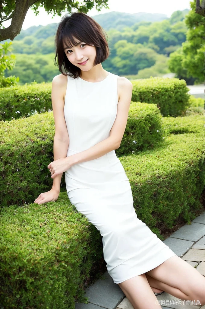 You are a professional photographer。future、Beautiful Eyes、 ((Highest quality)), Woman with beautiful face, (((One Girl,alone))), Very short hair、A light smile、Spread your legs、Fitted Dress、Create beautiful and feminine body photos,Accurate simulation of lightweight material interactions、perfect body,Isoyama Sayaka