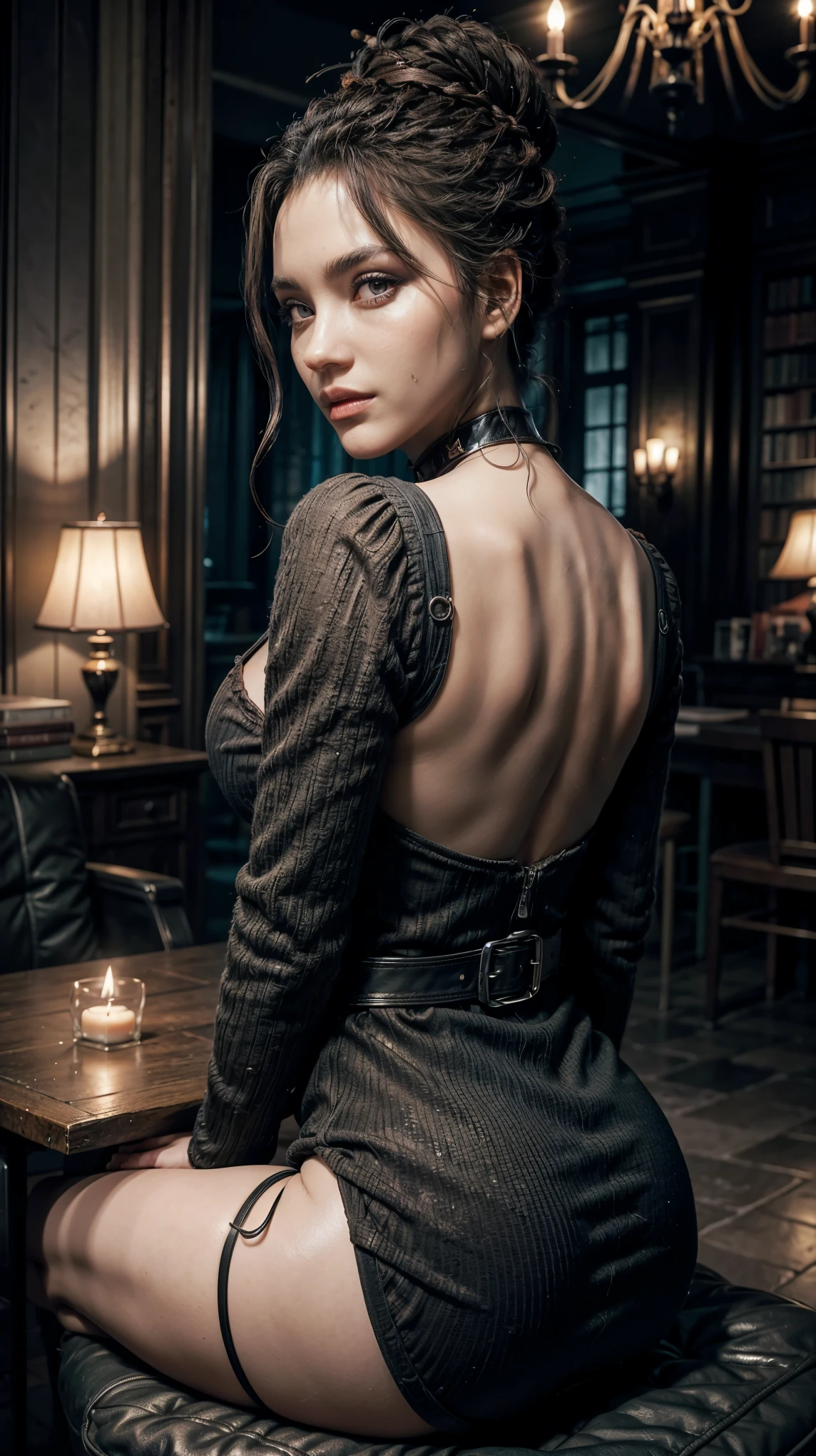 Hyper realistic super detailed sexy Panam Palmer detailed, expressions faciales sexy, seductive facial expressions, [:(Face detail: 1.4): 0.4], 16K resolution, 4k resolution, (Ventre plat parfait), (image couleur), BREAK I. Outfit: Elegant, enchanting, long and fitted dress, plunging back, deep neckline, long lace sleeves, belt adorned with mystical symbols, high-heeled boots, black and silver jewelry.
II. Venue: Gothic castle, dark and mysterious atmosphere, dim lighting with chandeliers, library full of old grimoires, mirrors framed with magical motifs, incense-scented candles, mystical mist floating in the air.
III. Decoration: Gothic ambiance, dim lighting with violet and blue lights, refined furniture with touches of black and silver, black velvet drapes, mirrors adorned with witchcraft motifs, lavender-scented candles, BREAK, looking at viewer, masterpiece, best quality, highly detailed, desire, blush, (Beautiful and detailed eyes description), (beautiful and detailed face), Perfect female body, (Best Quality), (ultra-detailliert), (masuter piece), (hight resolution), (Original), (the Extremely Detailed CG Unity 8K Wallpapers)