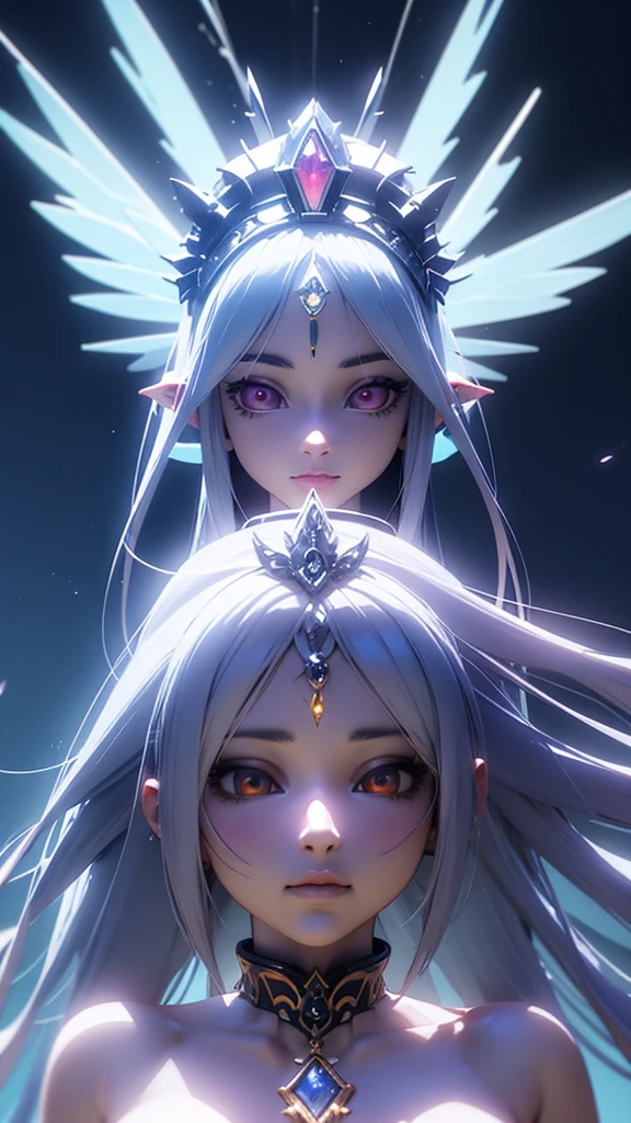 Young moon goddess adorned with purple hair on a bright dark blue fantasy moon scaffold with wings and soft features, Dark red glowing eyes, bright white angel wings, bright lights and sparks, Anime goddess, Unreal Engine rendering + a goddess, 8k 3d rendered character art, 3d rendering of a cute anime girl, artegerm' anjo, Motor 3D Unreal, Very detailed anime, High quality 8k detailed artwork, goddess. Extremely high level of detail, photorealistic rendering of anime girl, goddess of Light, silver diamond tiara on head
