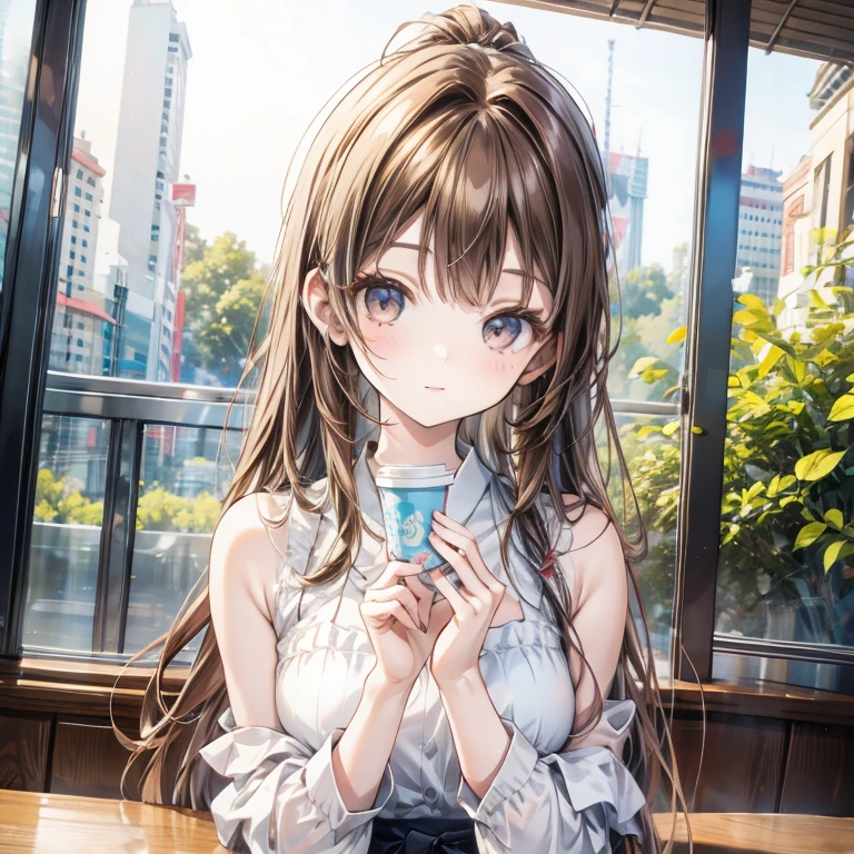  girl holding a coffee cup, cute girl, Cute and delicate face, cute slender face, hayami, Chiho, Yoshitomo Nara, Young cute face, beauty japanese girl face, Brown hair and big eyes, Cute and beautiful girl, beauty