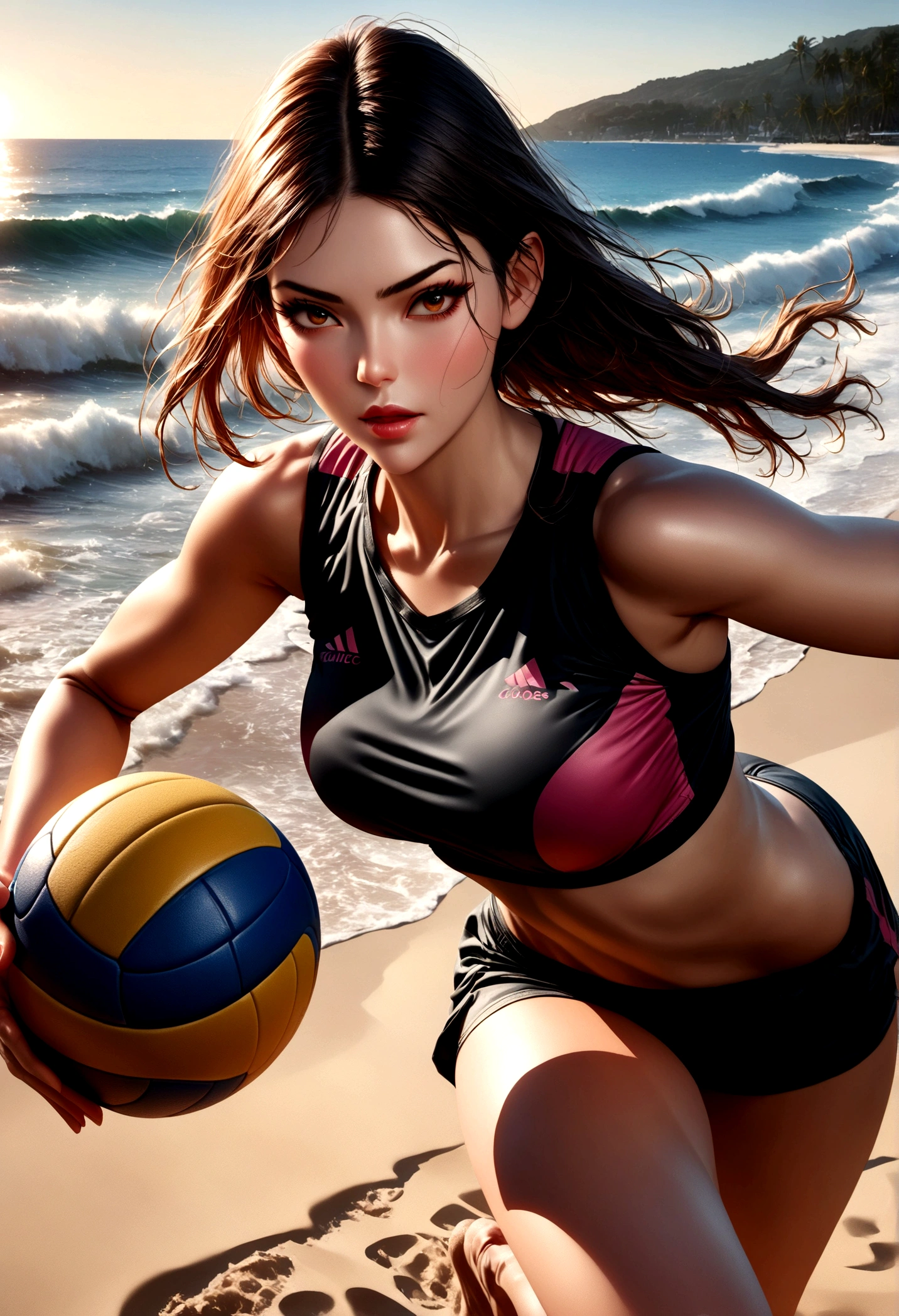 a woman playing volleyball on a sandy beach, beautiful detailed face, long eyelashes, detailed facial features, athletic figure, dynamic action pose, ocean waves in the background, golden hour lighting, vibrant colors, photorealistic, 8k, high quality, masterpiece