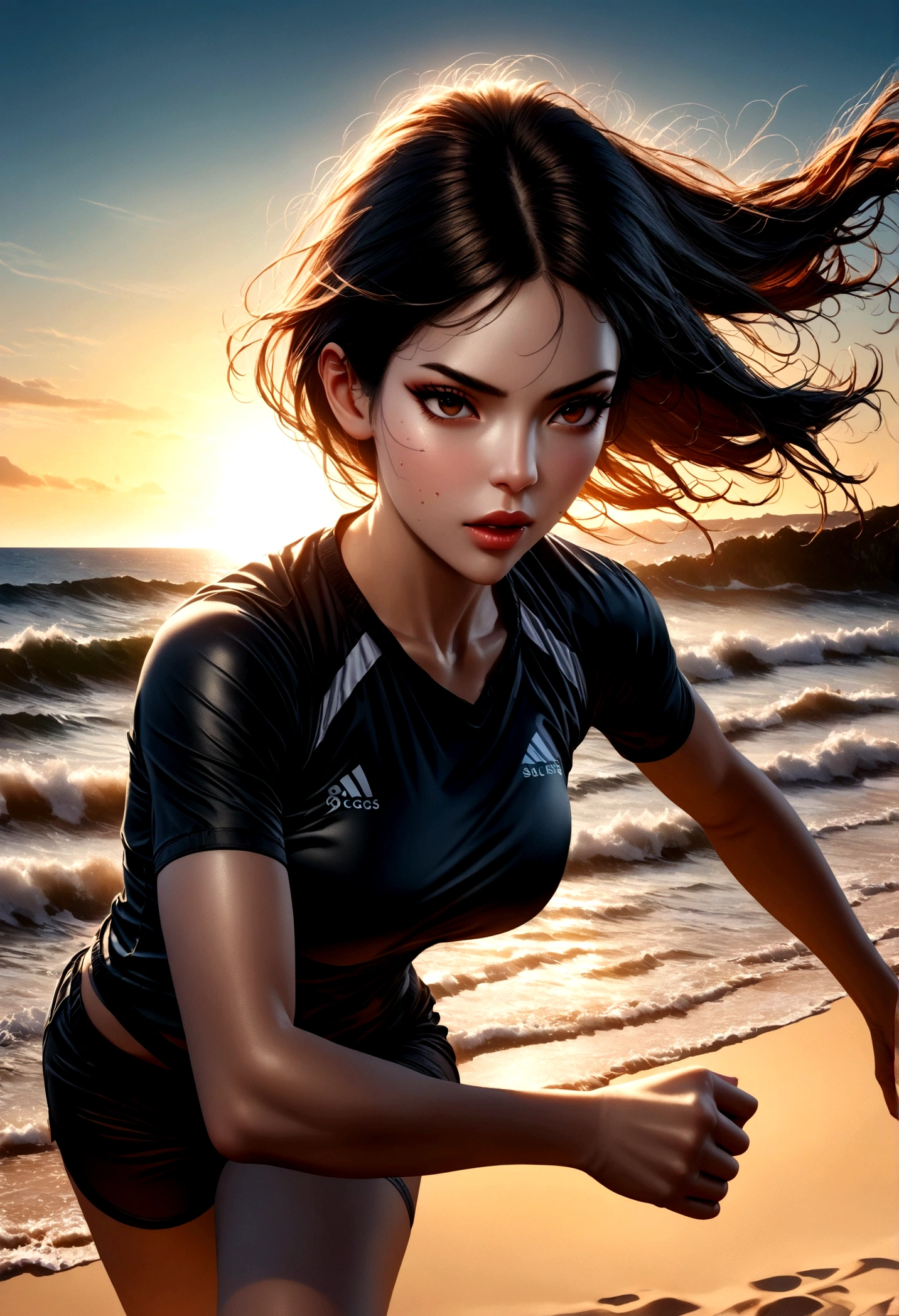 a woman playing volleyball on a sandy beach, beautiful detailed face, long eyelashes, detailed facial features, athletic figure, dynamic action pose, ocean waves in the background, golden hour lighting, vibrant colors, photorealistic, 8k, high quality, masterpiece