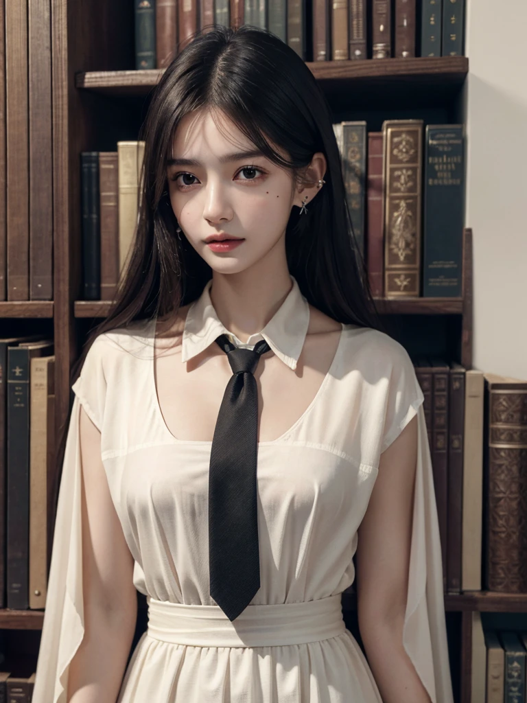 absurdres, RAW photo, extremely delicate and beautiful, masterpiece, Best Quality, ultra high resolution, 32k, hyperrealistic, ultra-detailed, delicate facial features, beautiful detailed woman, tearful mole, earring, medium breasts, ((full body shot)), medium hair, black hair, hogwarts teacher,  curious, necktie, cloak, background in library,