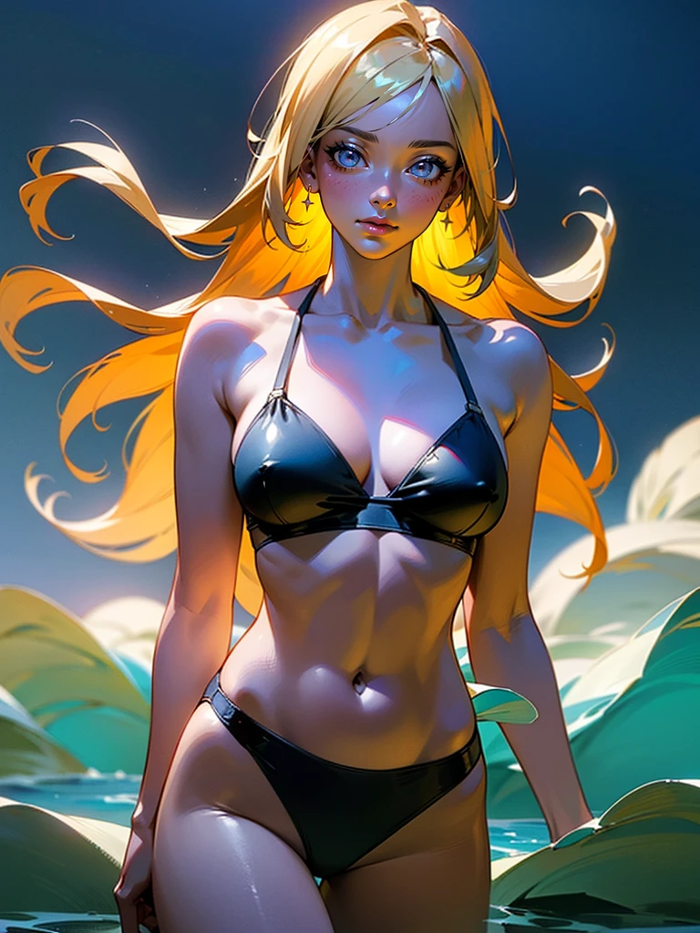 blonde hair, violet eyes, tight bikini, voluptuous body, on a beach at night under the stars, (best quality,4k,8k,highres,masterpiece:1.2),ultra-detailed,(realistic,photorealistic,photo-realistic:1.37),detailed facial features, detailed eyes,detailed nose and lips,intricate details,dynamic pose,dramatic lighting,glowing skin,shimmering water,starry night sky,detailed ocean waves,detailed sand texture