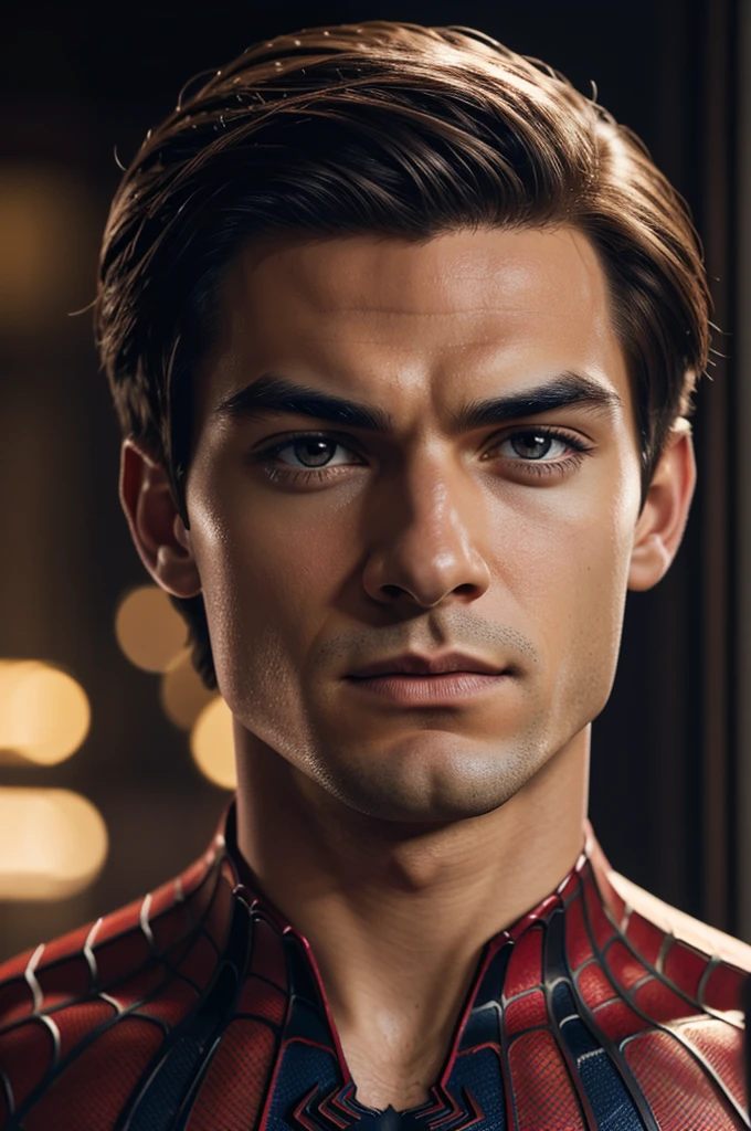 A photograph of Spider-Man., sin mascara, the 20s, elegant, detailed face, looking to the camera, portrait, 8k hd, high quality