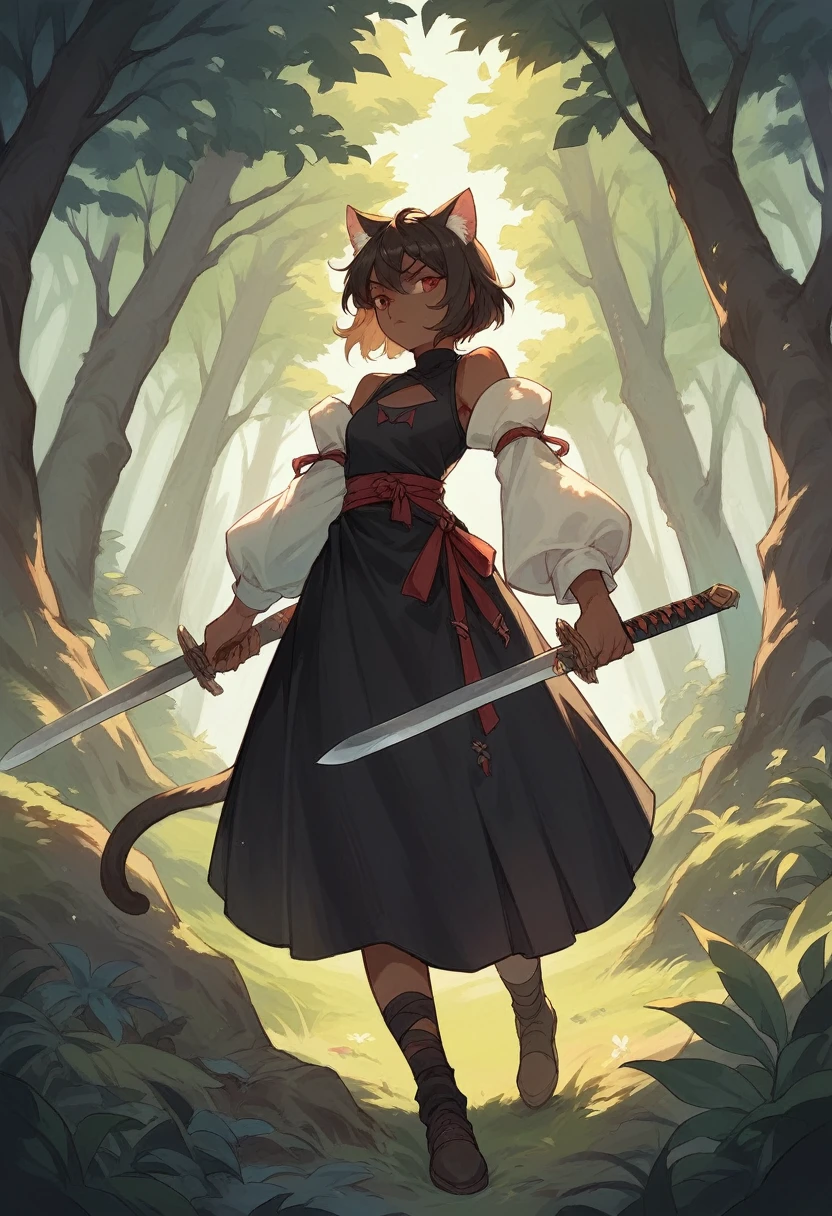brown skin girl,Cat's ears, red white,wearing a black dress with white sleeves,at a forest,wielding a sword