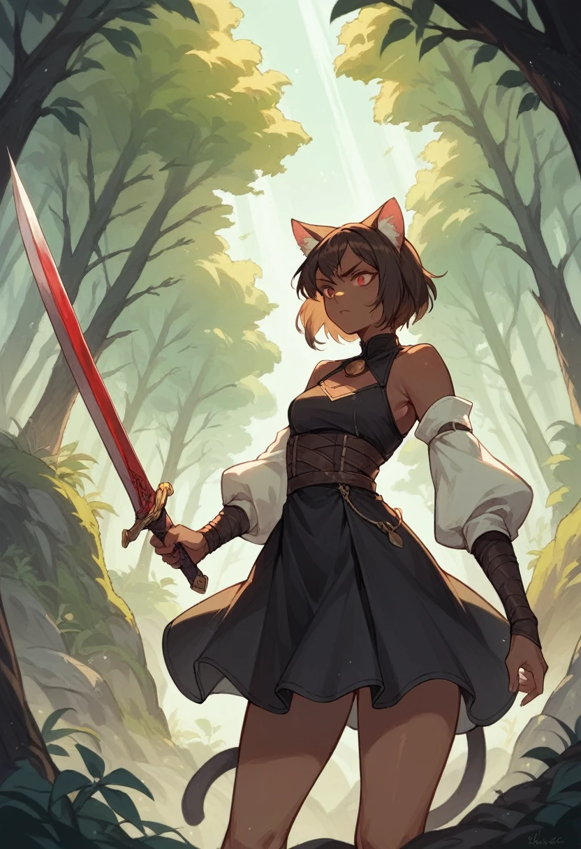brown skin girl,Cat's ears, red white,wearing a black dress with white sleeves,at a forest,wielding a sword