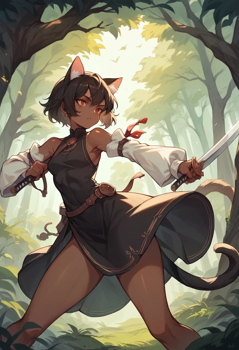 brown skin girl,Cat's ears, red white,wearing a black dress with white sleeves,at a forest,wielding a sword
