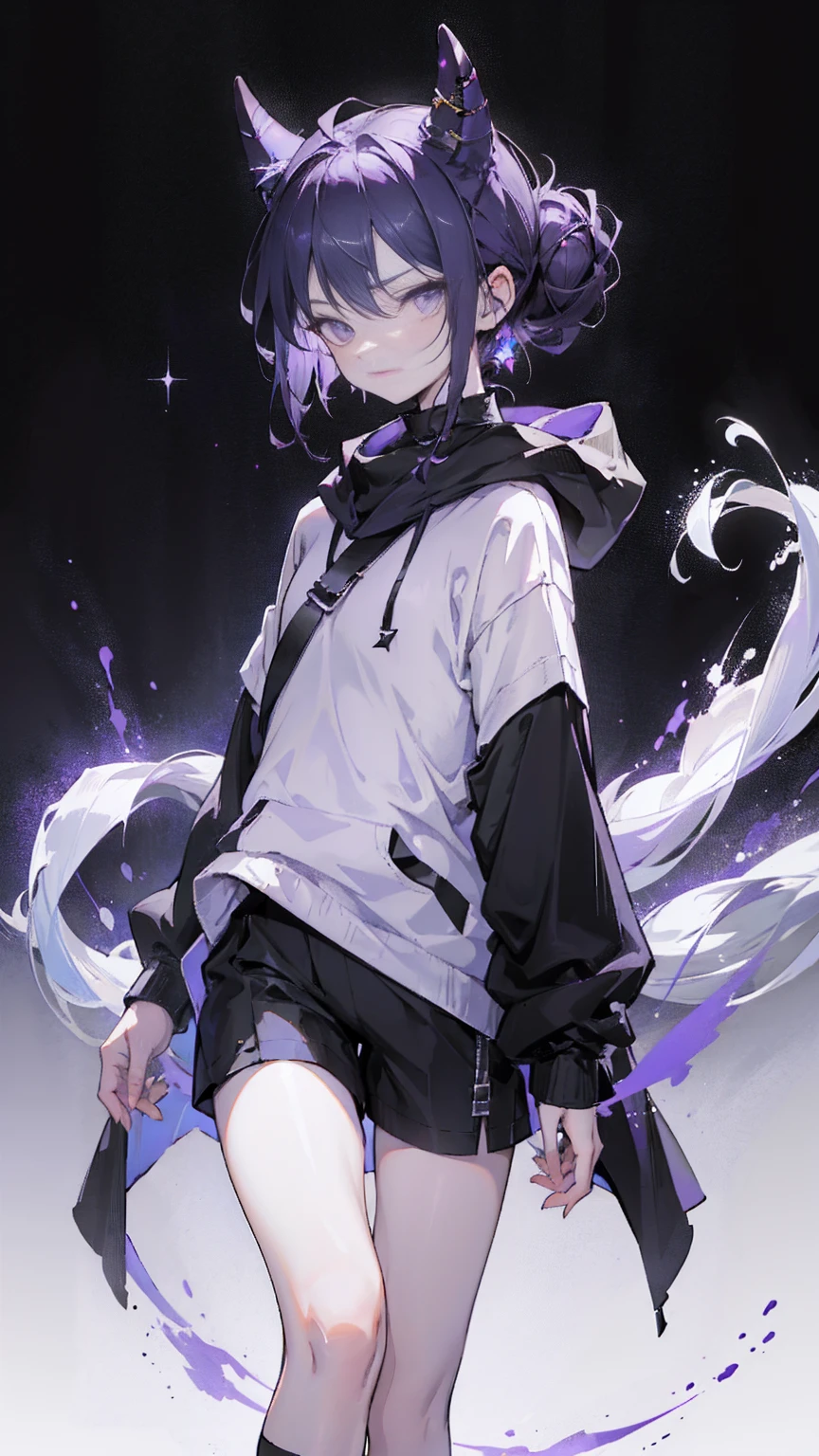 boy. thoughtful look. open forehead. black and purple hair tied in a bun on the left side to one side. winding black horns wrapped in white ribbon. white violet eyes. in short dark purple shorts. long white T-shirt. dark purple knee-high socks. dark purple long cloak inside white with hood. background - moonlight and stars Solar system, Flying pages of a book of spells