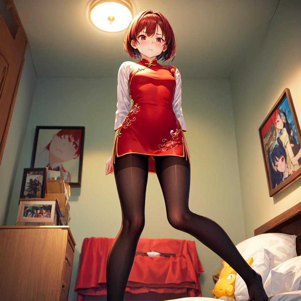 masutepiece, Best Quality, 1girl in, (karen),Red color hair, (red eyes:1.2),((qipao dress))、((a miniskirt))、((embarassed expression))、((Bedroom))、((Photo from below))、((pantyhose))、((short-hair))、((Red panties))