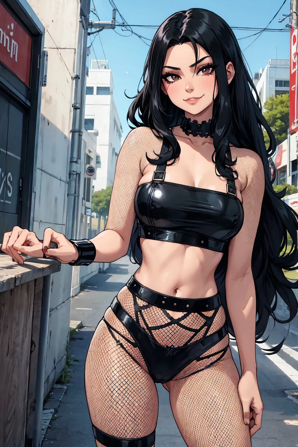 black haired girl, long hair, hispanic, baddie, smirk, fishnets