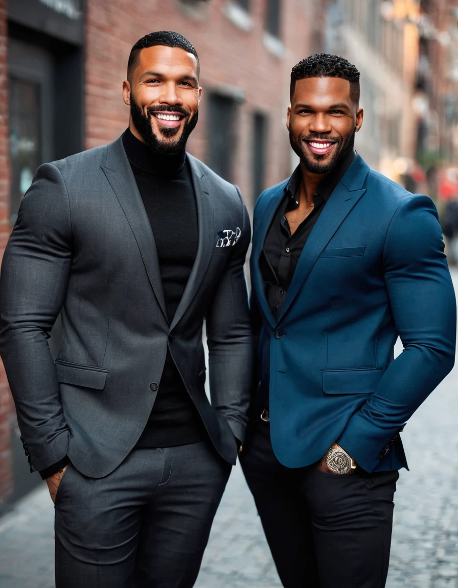 Anna Polina and a handsome African American male whose facial features are a combo of Omari Hardwick + Broderick Hunter + Nathan Mitchell pose together for a photo. Both are smiling. Both are attired attractively but casually for a date. Anna has lovely makeup on her face. Anna wears red lipstick. Daytime. Romantic ambiance. Symmetrical eyes. Symmetrical faces. Lovely details. Photorealistic. Full-colored photo. Professional photo. Highly detailed 8K.