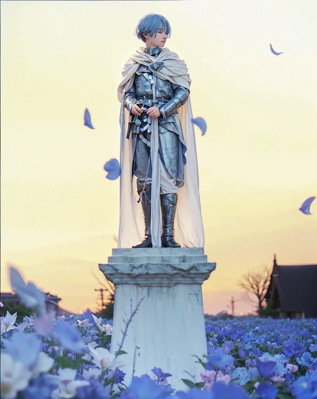 ( HIMMEL STATUE_FRIEREN BEYOND JOURNEY'S END),((realistic, photorealistic)),(highlight hair)), Light reflection, (( HD )),((upper body)), (((best quality, masterpiece))), (masterpiece) (best quality) (detail) (8k) (HDR) (wallpaper) (cinematic lighting) (sharp focuasterpiece, best quality: 1.1), Real life adaption of this character, realistic outfit, realistic shadow, realistic light, realism, hyper realistic, realistic background,(photorealistic:1.2), 1man,Blue flower garden, blue flowers flying, dusk sky background, sculpture texture,