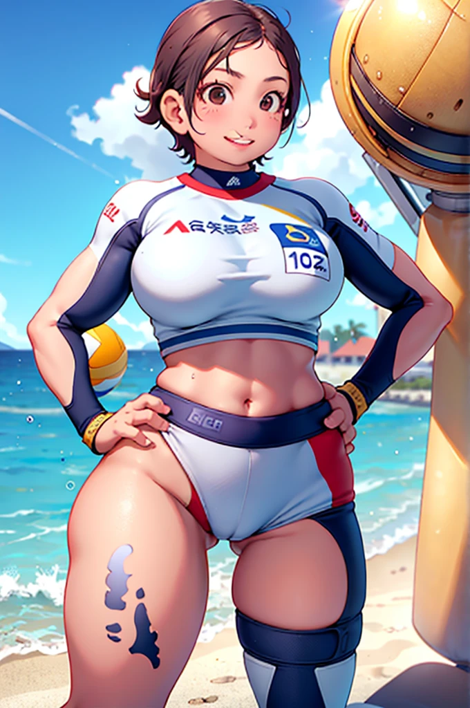 masterpiece, best quality,1girl,young girl, (beach volleyball player), wearing (uniform with company logo) ,cropped top , brown eyes, short hair, happy smile, shiny skin,(nice leg line:1.3),thin waist, huge breasts,(hands on hips:1.5)
BREAK
, beach background, sun light makes depth of fields with backlight effect, wind effect,
BREAK
around crowd:1.1,depth of field, looking down viewer, (viewed from below:1.2), full body:1.2