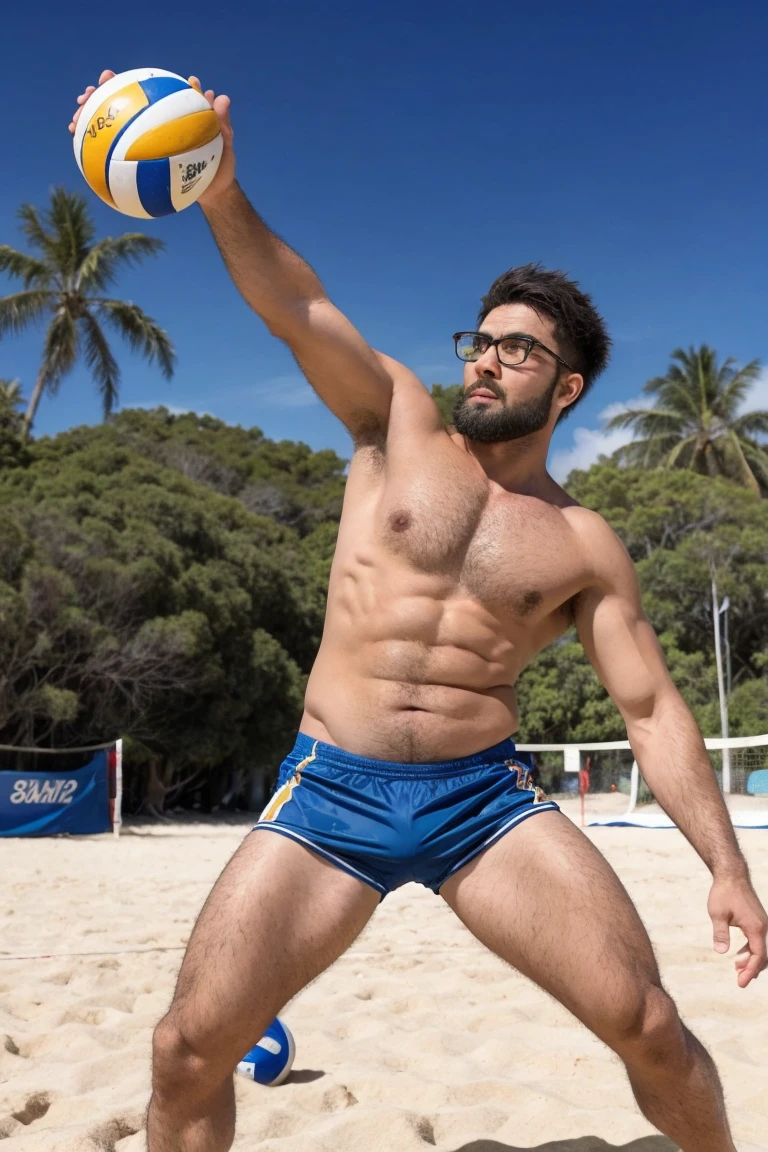 １male, alone, (yossan), (Beach Volleyball), Ultra-high resolution,beard, Glasses, ((Are fat)), Blue sky, sun, White sand beach, blue sea, Palm tree, The moment a player jumps to spike the ball, The moment he dives to receive the ball, Sand flies, sunの光が反射する, Energetic, Dynamic Movement, Action Shots