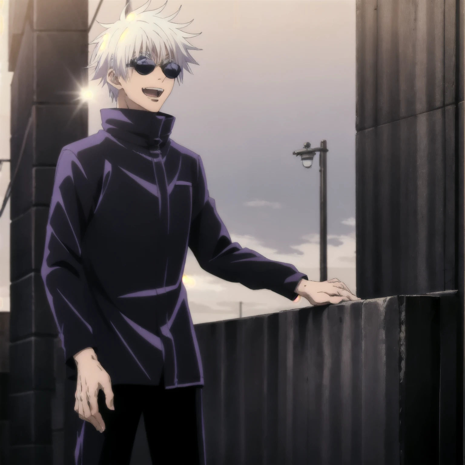 masterpiece,highres,high quality,extremely detailed,solo,outdoors,
smile,open mouth,
SatoruGojo,1man,
sunglasses,round eyewear,
black jacket,popped collar,
pants,
loafers,