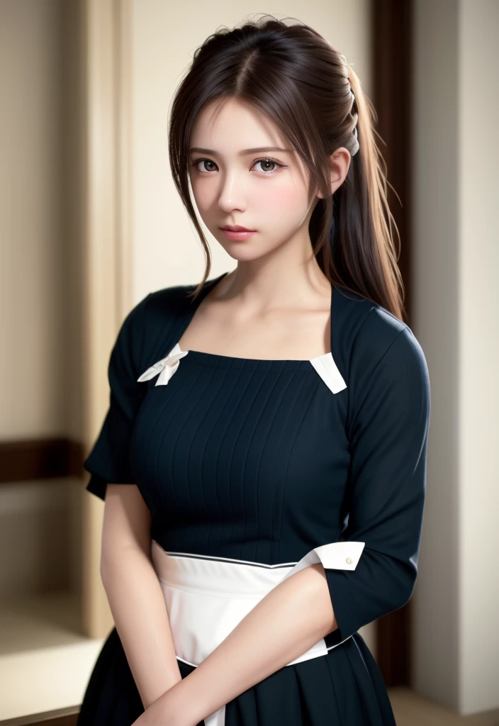 8K, of the highest quality, masutepiece:1.2), (Realistic, Photorealsitic:1.37), of the highest quality, masutepiece, Beautiful young woman, Pensive expression, Gentle look, Cute Maid Clothes, Hair tied back, feeling radiant, Cinematic background,, Light skin tone