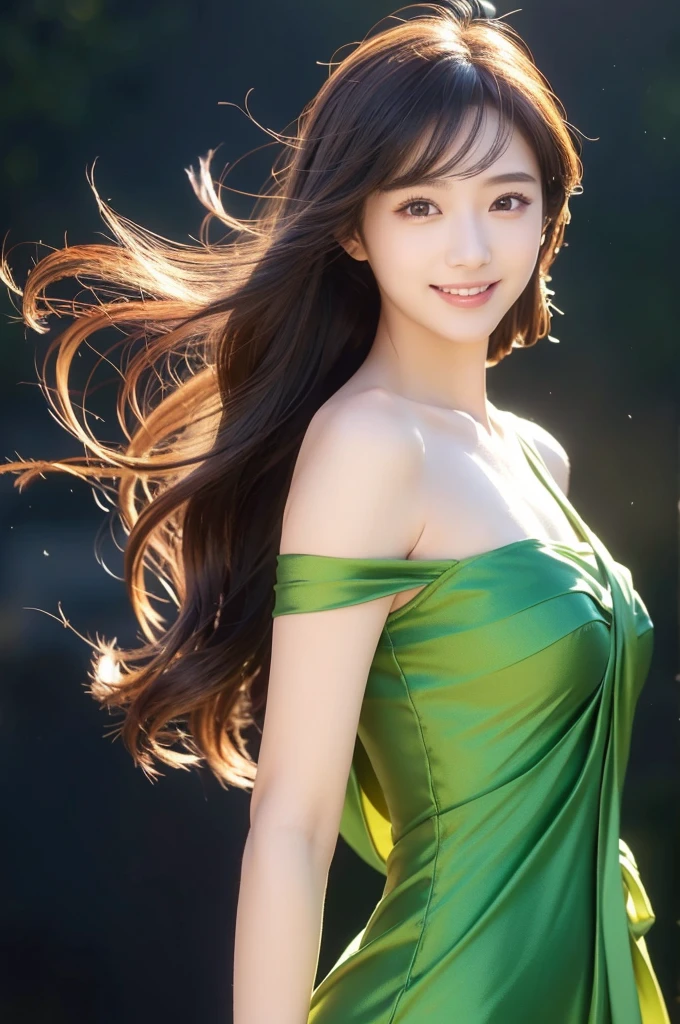 Image resolution 8K、masterpiece:1.3)、Beauty、1 female、(魅力的なBody Type:1.2)、abdomen:1.1、Dark brown hairstyle:1.1、(Body Type:1.2)、Ultra-detailed face、Attractive lips、double eyelid,Wearing a green silk one-piece dress、Super realistic and super cute in every detail、Japanese、Japanese女性、20th generation(28 years old)、Smile with a beautiful smile、Hair blowing in the wind、color々Hair style、Light shining from behind、Black background、