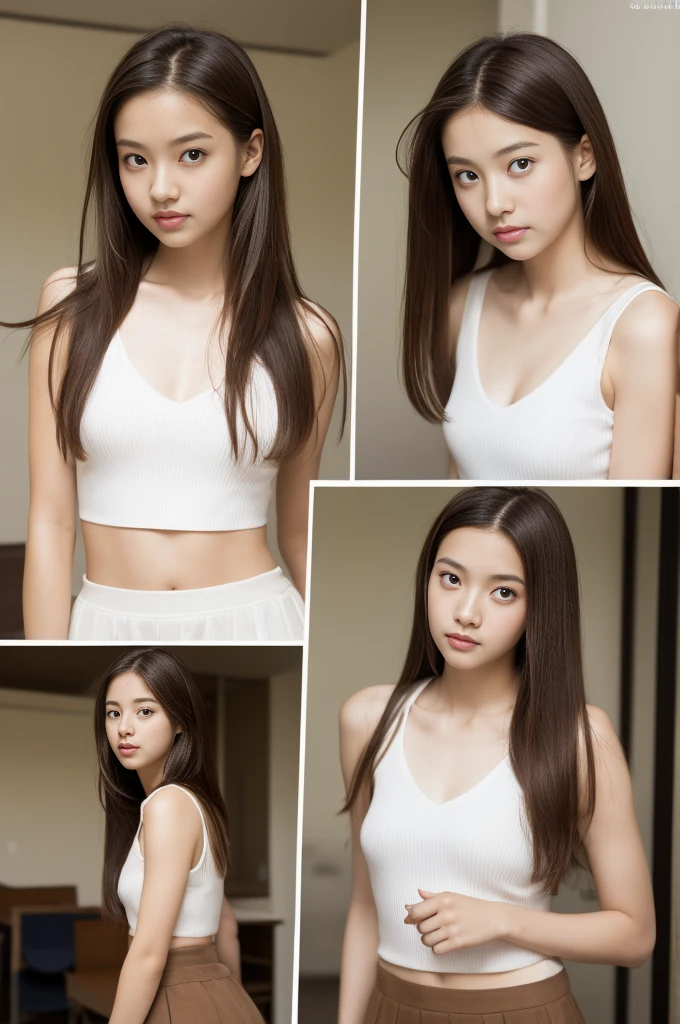 A filipina young girl, tanned skinned, teen baby face, long straight messy hair, random pose、top-quality、A high resolution、(Photorealsitic:1.5), seductive skirt、(Brown hair:1.2)、(flat chested:1.2)、‎Classroom、looking at viewert、a closeup、full body Esbian、Nasty eyes, seducing viewer