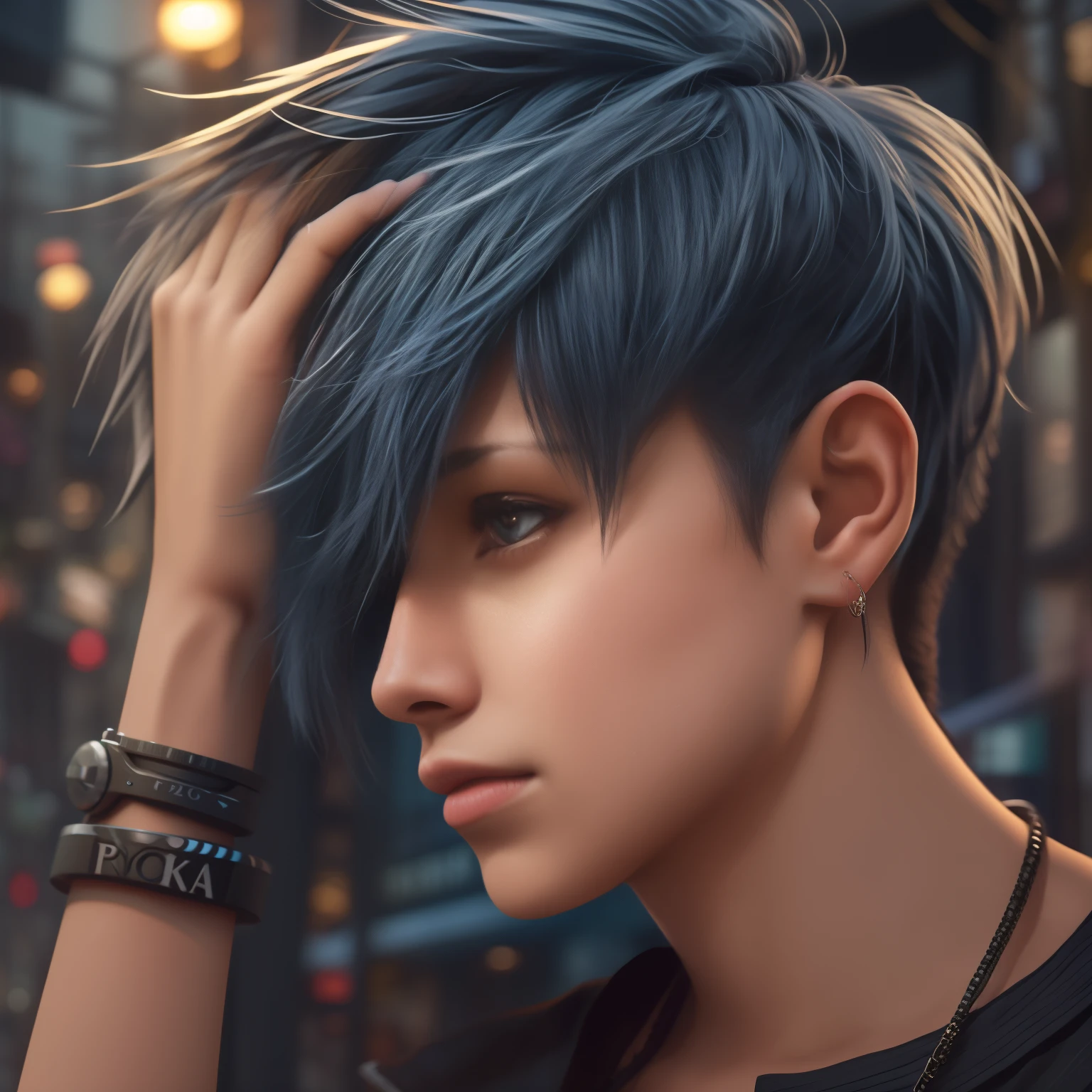 RAW photo, a portrait photo of 21 y.o 1Girl in black ponnytail hair and 1man in casual clothes, night, city street, (high detailed skin:1.2), 8k uhd, dslr, soft lighting, high quality, film grain, Fujifilm XT3