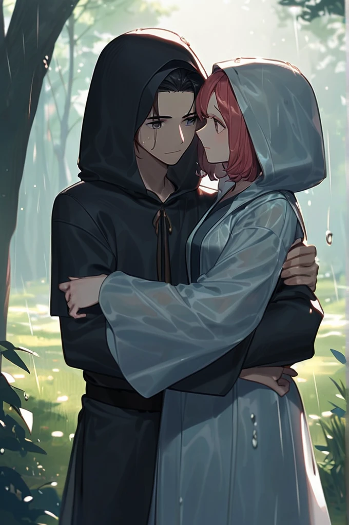 ((Лучшее качество)), ((шедевр)), (подробный), 1 boyfriend, 1 girl, guy short dark hair, brown eyes, black robe, hood, hood on his head, wet clothes, girl long red voluminous hair, gray eyes, light robe, hood on his head, wet clothes, forest, grass, it's raining, hugging each other