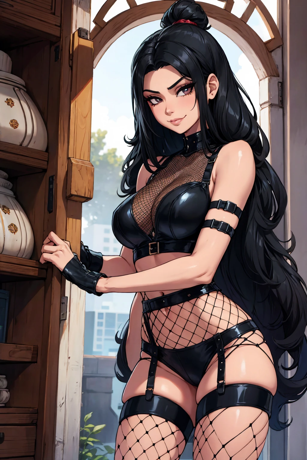 black haired girl, long hair, hispanic, baddie, smirk, fishnets