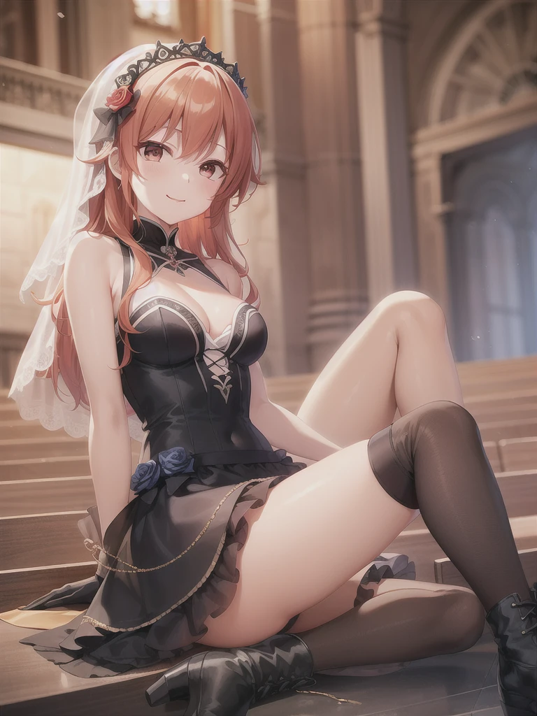 A girl，Long hair, Bangs, Orange hair, Hair between the eyes, s eyes:（1.5),  (Medium breasts:1.2), 
rest  锁骨, Wedding dress，veil，wedding，Black dress，Flowers，The skirt is broken，Black socks，Black knee socks，Black gloves，boots，Cleavage，，
Looking at the audience, whole body，Smile
在室内, church，permanent，permanent，Smile，With one eye closed，
rest (masterpiece:1.2), best quality, high resolution,  8k wallpaper, (illustration:0.8), (美丽细致s eyes:1.6), Extremely detailed face, Perfect lighting, Extremely detailed CG, (Perfect hands, Perfect anatomical structure),