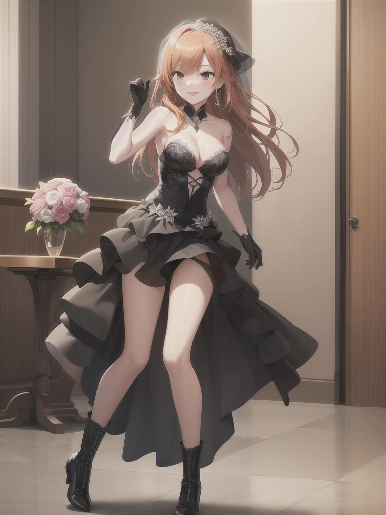 A girl，Long hair, Bangs, Orange hair, Hair between the eyes, s eyes:（1.5),  (Medium breasts:1.2), 
rest  锁骨, Wedding dress，veil，wedding，Black dress，Flowers，The skirt is broken，Black socks，Black knee socks，Black gloves，boots，Cleavage，，
Looking at the audience, whole body，Smile
在室内, church，permanent，permanent，Smile，With one eye closed，
rest (masterpiece:1.2), best quality, high resolution,  8k wallpaper, (illustration:0.8), (美丽细致s eyes:1.6), Extremely detailed face, Perfect lighting, Extremely detailed CG, (Perfect hands, Perfect anatomical structure),