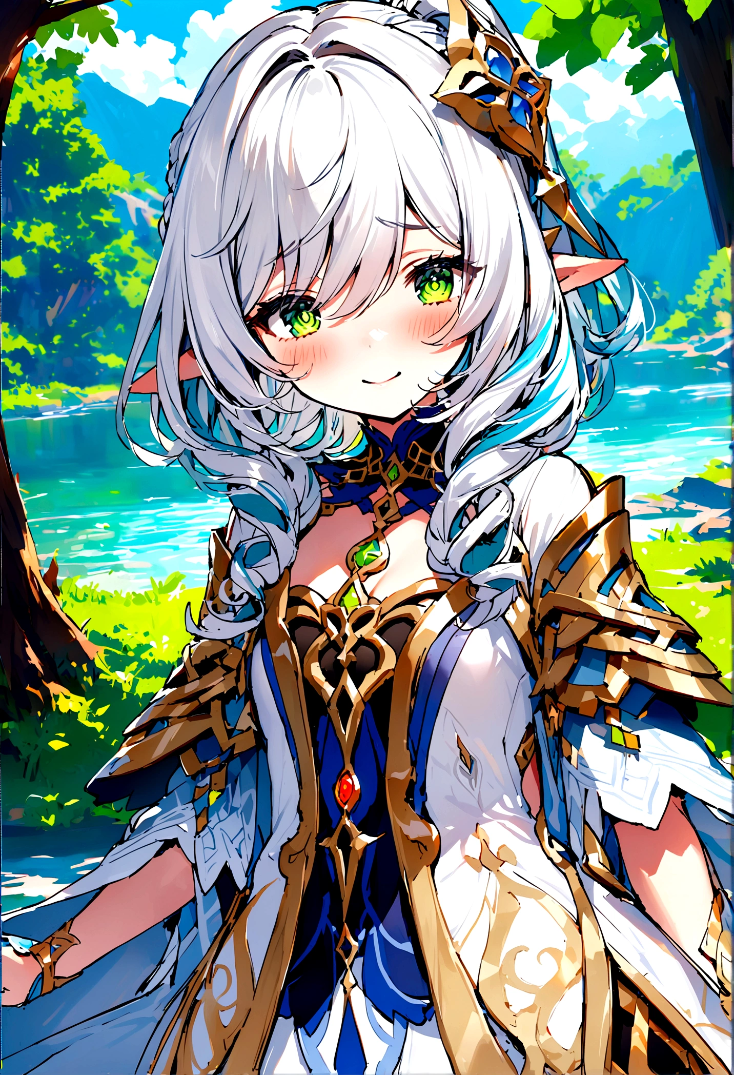 NSFW,masterpiece,Highest quality,High resolution,Super detailed,Naheedah \(genshin impact\)、Green Eyes、dress、白いdress、Pointed Ears、Cruciform pupil、Symbol-shaped pupil、+ +、Side Ponytail、Long Hair、White Hair、Multicolored Hair、hair ornaments,blush,Expecting face,Be nervous,smile,in the forest,lake