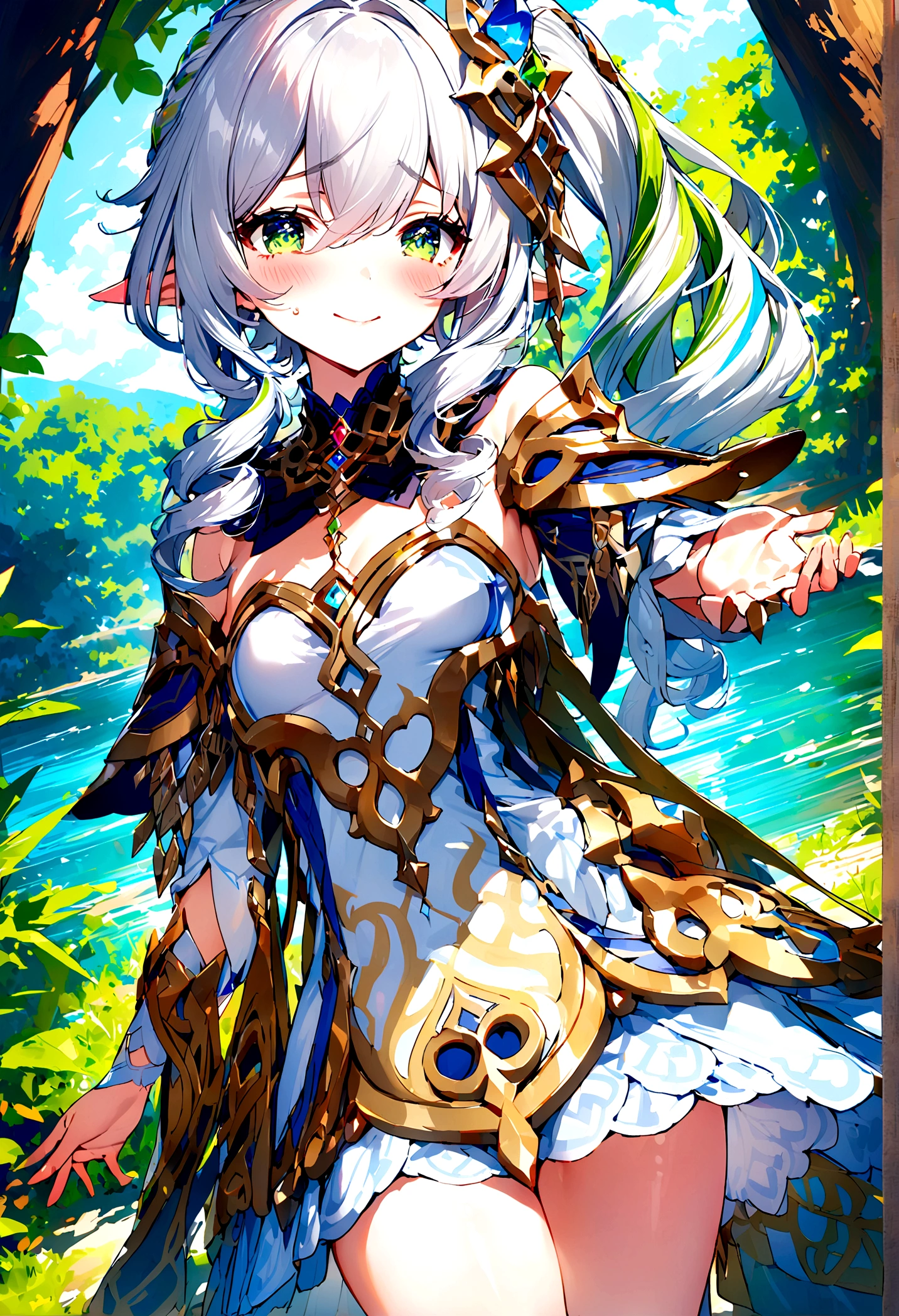 NSFW,masterpiece,Highest quality,High resolution,Super detailed,Naheedah \(genshin impact\)、Green Eyes、dress、白いdress、Pointed Ears、Cruciform pupil、Symbol-shaped pupil、+ +、Side Ponytail、Long Hair、White Hair、Multicolored Hair、hair ornaments,blush,Expecting face,Be nervous,smile,in the forest,lake