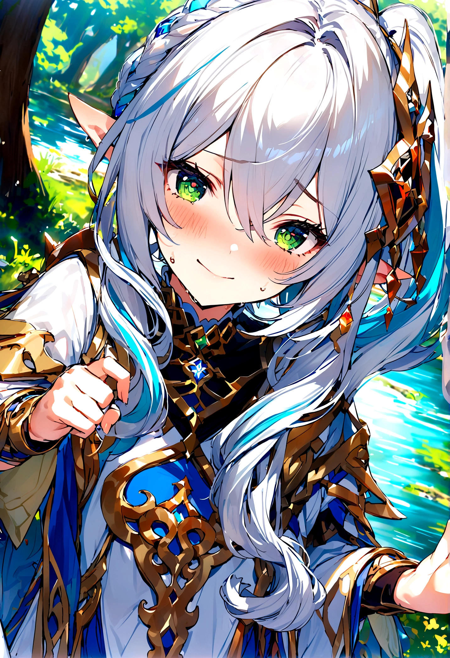 NSFW,masterpiece,Highest quality,High resolution,Super detailed,Naheedah \(genshin impact\)、Green Eyes、dress、白いdress、Pointed Ears、Cruciform pupil、Symbol-shaped pupil、+ +、Side Ponytail、Long Hair、White Hair、Multicolored Hair、hair ornaments,blush,Expecting face,Be nervous,smile,in the forest,lake