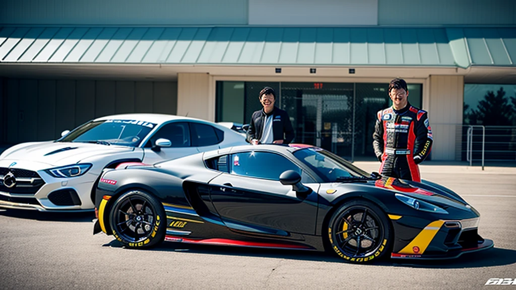 sports car、Old cars、Two very different drivers、Racing Suits、Stand next to the car、Circuit、Photorealistic、