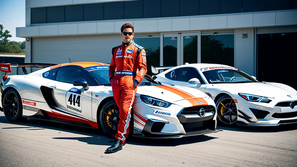 sports car、Old cars、Two very different drivers、Racing Suits、Stand next to the car、Circuit、Photorealistic、