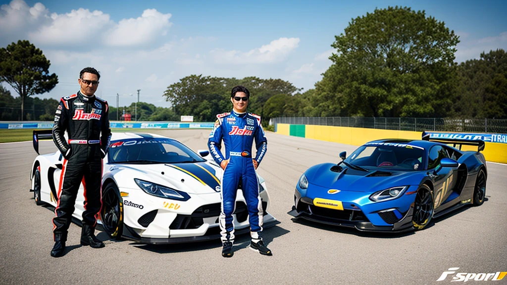 sports car、Old cars、Two very different drivers、Racing Suits、Stand next to the car、Circuit、Photorealistic、