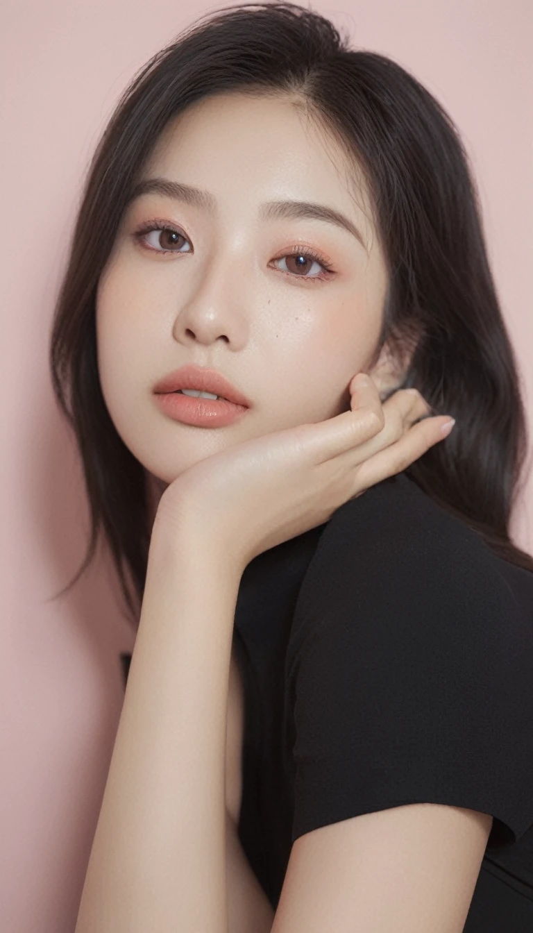 ultra wide shoot, front photo, elegant woman, (Photorealsitic)、(intricate detailes:1.2)、(​masterpiece、:1.3)、beauty face, (top-quality:1.4)、(超A high resolution:1.2)、超A high resolution、(A detailed eye)、(detailed facial features), ((Realistic lighting、top-quality、8K、natural light, ​masterpiece:1.3))、bright photo, Clear focus:1.2、1girl in、flawless beauty:1.4、Superfine Face、big Narrow-eyed、double eyelid、photos realistic, perfect eyes, perfect skin, detailed skin, detailed face, looking viewer, front view, potrait, raw photo, simple soft pink background, (intricate detailed skin textured:1.4) front view, looking viewer, clear face,  1 girl、porate、Bright and very beautiful face、beautiful girl, A stunning close-up portrait showcasing the beauty of a Korean model. The composition features soft, natural lighting , bright eyes, and striking cheekbones. Her glossy,  The background is simply black background,  wear black sweetshirt, neat hair, long hair, instagram model, profil picture, bright and natural