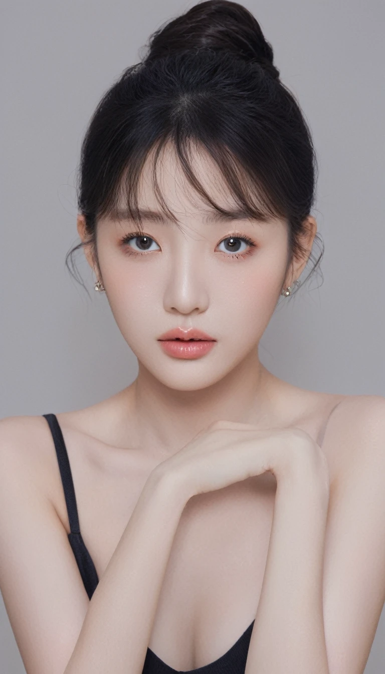 ultra wide shoot, front photo, elegant woman, (Photorealsitic)、(intricate detailes:1.2)、(​masterpiece、:1.3)、beauty face, (top-quality:1.4)、(超A high resolution:1.2)、超A high resolution、(A detailed eye)、(detailed facial features), ((Realistic lighting、top-quality、8K、natural light, ​masterpiece:1.3))、bright photo, Clear focus:1.2、1girl in、flawless beauty:1.4、Superfine Face、big Narrow-eyed、double eyelid、photos realistic, perfect eyes, perfect skin, detailed skin, detailed face, looking viewer, front view, potrait, raw photo, simple soft pink background, (intricate detailed skin textured:1.4) front view, looking viewer, clear face,  1 girl、porate、Bright and very beautiful face、beautiful girl, A stunning close-up portrait showcasing the beauty of a Korean model. The composition features soft, natural lighting , bright eyes, and striking cheekbones. Her glossy,  The background is simply black background,  wear black sweetshirt, neat hair, long hair, instagram model, profil picture, bright and natural