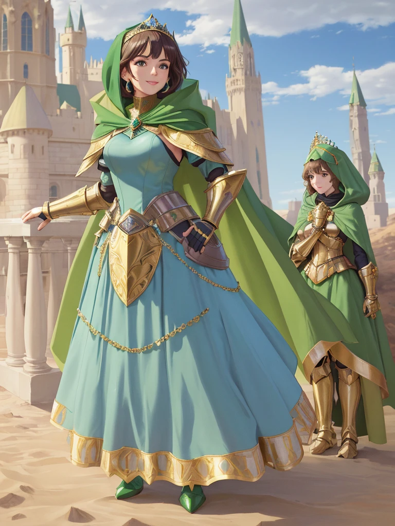 masterpiece, best quality:1.2), 1girl, smile, looking at viewer, green eyes, short brown hair, princess, armor, blue hijab headscarf, pauldrons, armored dress, green cloak cape, wearing puffy blue ballgown skirt, golden tiara with green gem, armored boots, fingerless gloves, standing in front of desert castle