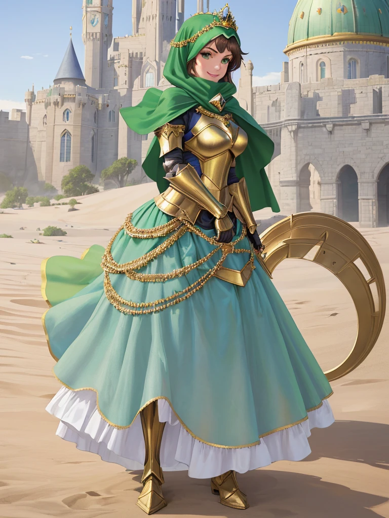 masterpiece, best quality:1.2), 1girl, smile, looking at viewer, green eyes, short brown hair, princess, armor, blue hijab headscarf, pauldrons, armored dress, green cloak cape, wearing puffy blue ballgown skirt, golden tiara with green gem, armored boots, fingerless gloves, standing in front of desert castle