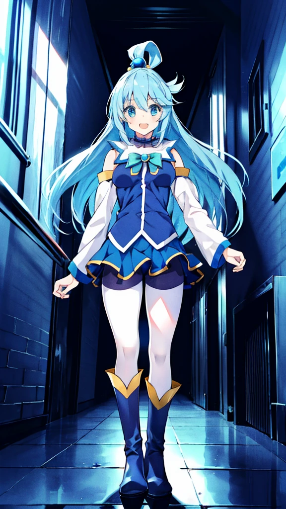aqua \(KonoSuba\), mksks style, (highly detailed background:1.0), (highly detailed background:1.0), {masterpiece}, high quality, 1 girl, blue eyes, blue footwear, blue hair, hair ornaments, hair ring, raise your feet, long hair, looking at the viewer, medium chest, open your hands,light blue long coat,shorts,White pantyhose,short boots,In town, smile, alone, Are standing, Are standing on one leg,  Kono Subarashiisekai Nishukufukuwo!, 