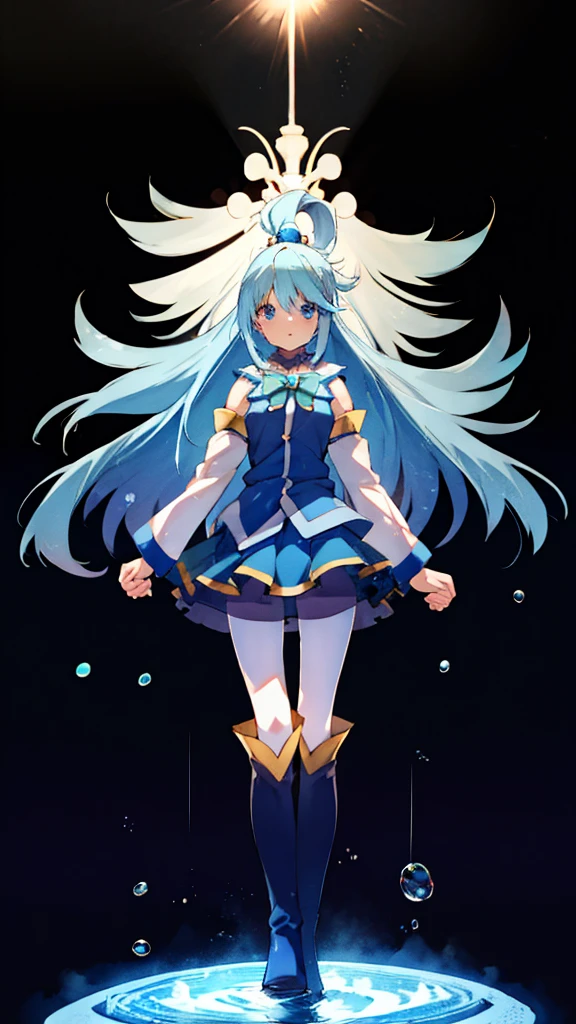 aqua \(KonoSuba\), mksks style, (highly detailed background:1.0), (highly detailed background:1.0), {masterpiece}, high quality, 1 girl, blue eyes, blue footwear, blue hair, hair ornaments, hair ring, raise your feet, long hair, looking at the viewer, medium chest, open your hands,light blue long coat,shorts,White pantyhose,short boots,In town, smile, alone, Are standing, Are standing on one leg, Kono Subarashiisekai Nishukufukuwo!,