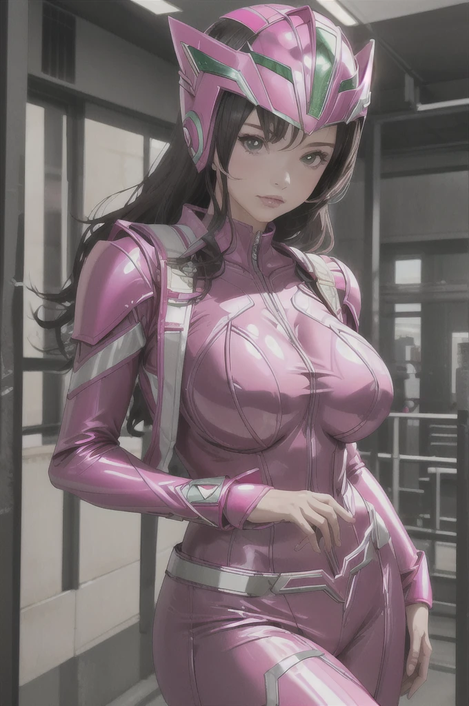 girl, 8K, Ultra-high resolution, Highest quality, masterpiece, Realistic, RAW images, perspective, Five fingers, Depth of written boundary, (Dressed as the Pink Power Ranger), Huge breasts:1.4, Bodysuits, armor, (Super Sentai), Full Face Helmets, Pink Phoenix