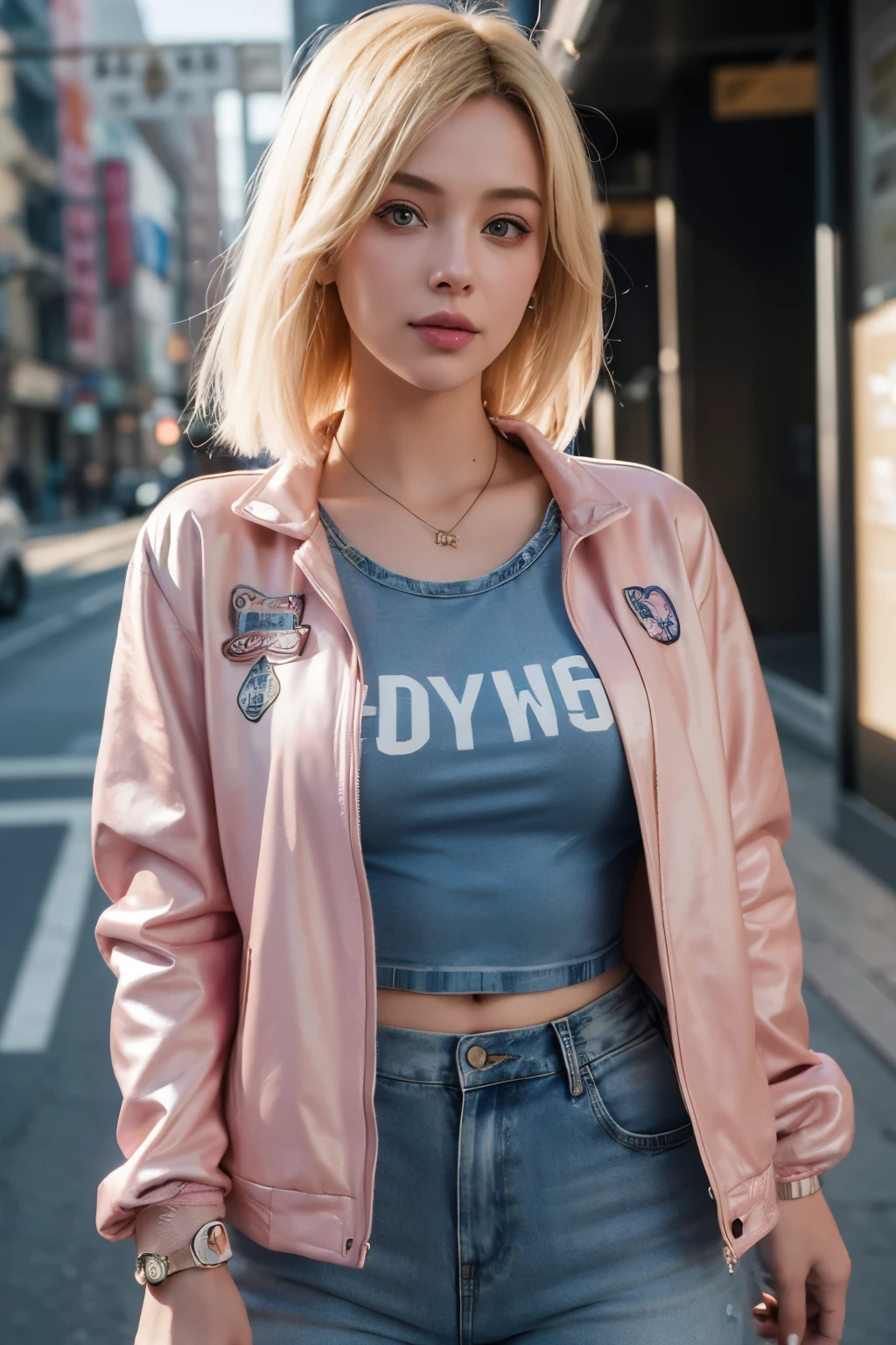 hyperdetailed blond woman in a denim pink jacket and blue jeans posing for a picture, chloe price from life is strange, smile attractive, wearing cyberpunk 2 0 7 7 jacket, chloe price, margot robbie in gta v, style of alena aenami, betty cooper, realistic clothing, gwen stacy, pharaon 2 0 y. o model girl, style of pharaon, a girl with blonde hair, background future world, masterpiece, UHD, 16K