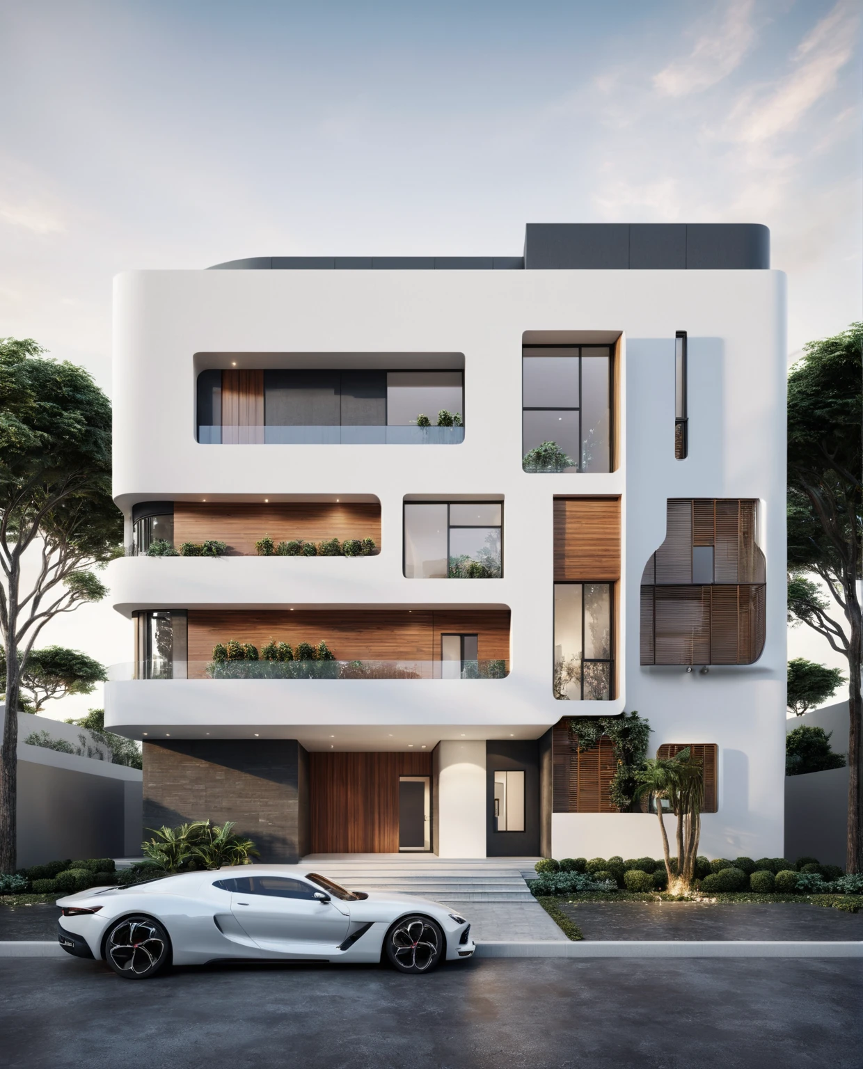 rendering of a modern building with a car parked in front, exterior design, overall architectural design, 3 d render n - 9, frontview, wide angle exterior 2024, concept house, inter dimensional villa, complete house, building facing, realistic 3 d style, highly detailed - n 4, front elevation view, front-view, realistic building