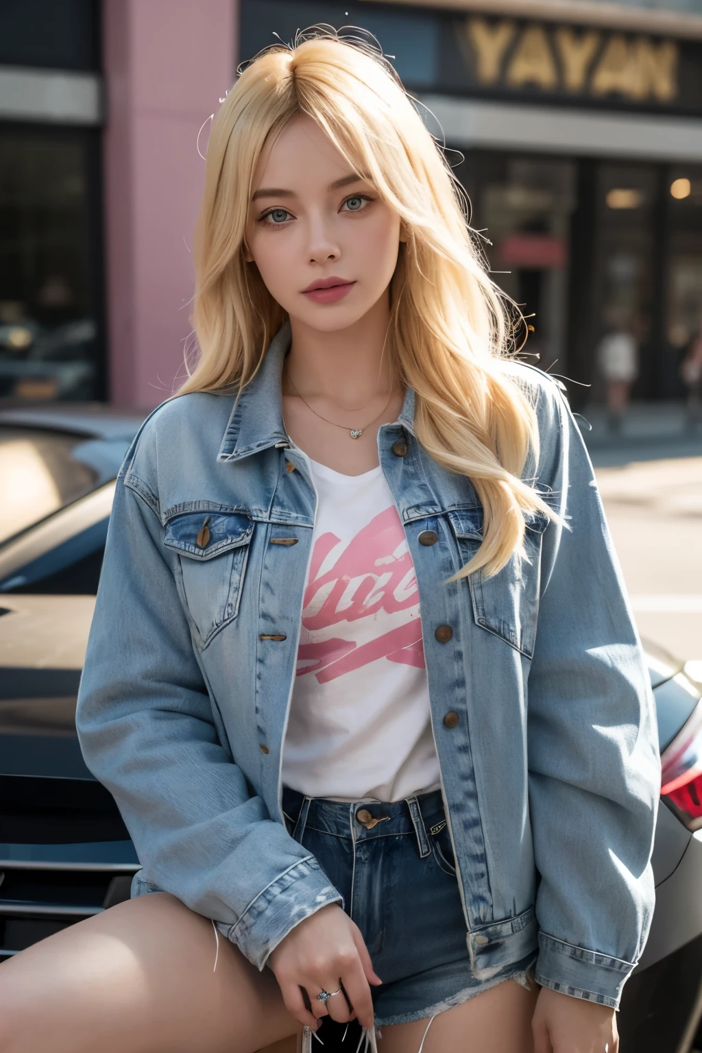 hyperdetailed blond woman in a denim pink jacket and blue jeans posing for a picture, chloe price from life is strange, smile attractive, wearing cyberpunk 2 0 7 7 jacket, chloe price, margot robbie in gta v, style of alena aenami, betty cooper, realistic clothing, gwen stacy, pharaon 2 0 y. o model girl, style of pharaon, a girl with blonde hair, background future world, masterpiece, UHD, 16K