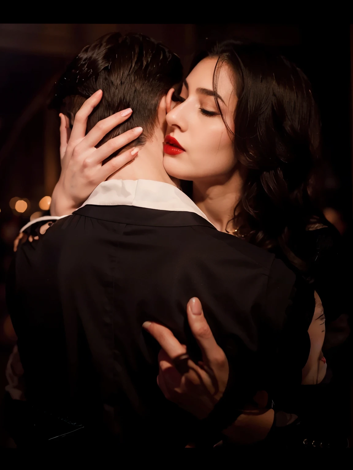 woman kissing a man, beautiful detailed opened lips, beautiful detailed delicate hands, extremely detailed face, longeyelashes, 1girl, araffe, man with elegant black suit, military style haircut, closed eyes, vivid red lipstick, passionate kiss, sensual, photorealistic, masterpiece, 8k, ultra-detailed, dramatic lighting, cinematic, hyper realistic, dramatic contrast, warm color palette