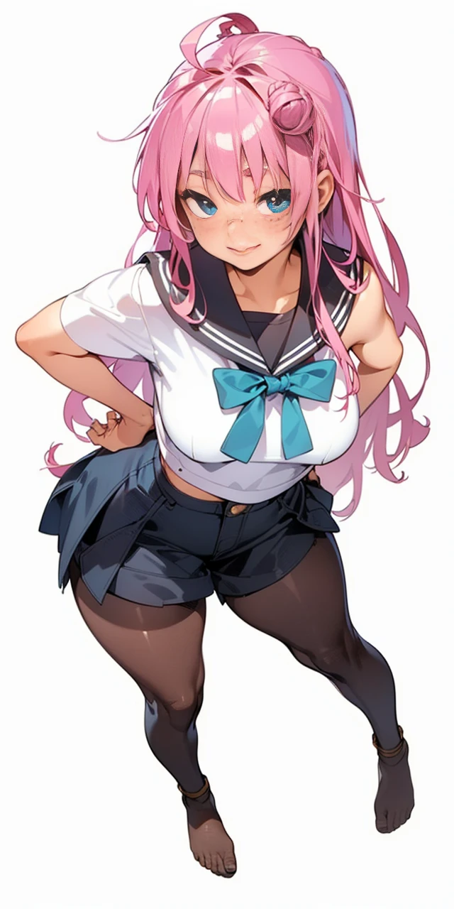 18 year old, blonde hair girl, tan skin, brown skin, freckles, big lips, cute face, braided hair (((happy flirty expression))) jeans and tight top, ((bun hairstyle)) (((detailed character sheet, frontal view, side view, three quarter view)))