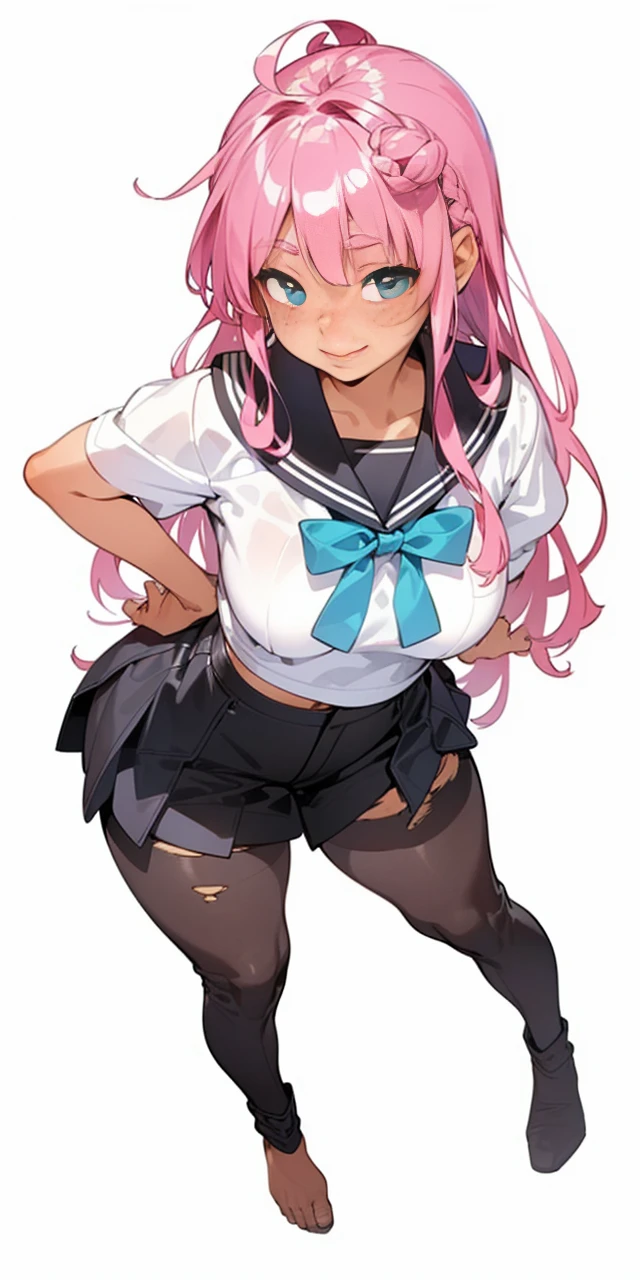 18 year old, blonde hair girl, tan skin, brown skin, freckles, big lips, cute face, braided hair (((happy flirty expression))) jeans and tight top, ((bun hairstyle)) (((detailed character sheet, frontal view, side view, three quarter view)))