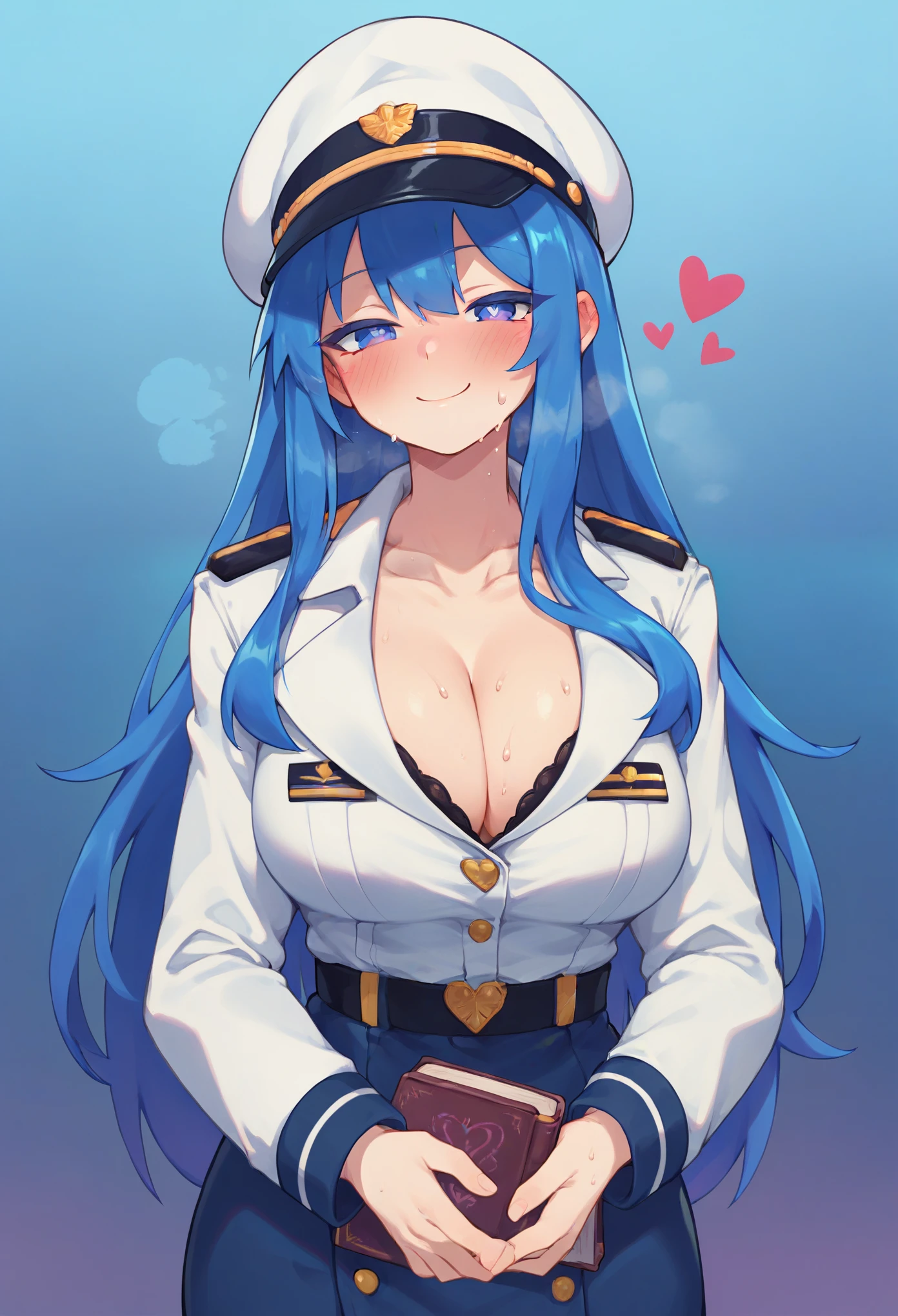 Score_9,score_8_up,score_7_up,solo,1girl,half-closed eyes,long hair,blue hair, breasts,cleavage,curvy,sweat,blush,looking at viewer,seductive smile,colored eyes,military hat,white uniform,holding book,cartoonized,too many hearts,graffiti,blue theme,gradient background,