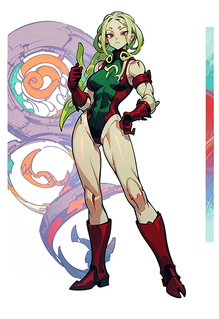 ((My Hero Academia Style)), ((((Vilgax)))), (((Ben 10))), (((genderbender))), (((1girl))), (((Solo))), (((Single Character))), (((green skin))), (((amazon female))), (((amazon woman))), (((woman))), (((marked muscles))), (((abs))), (((Abs))), (((broad shoulders))), (((bare legs))) , (((bare thighs))), (((medium breasts))), (((wide hips))), (((wide thighs))), (((toned thighs))), (((toned calves))), (((toned hips))), ((((green tentacles hair)))), (((tentacles hair))), (((green tentacles))), (((bare shoulders))), (((tight red sleeveless leotard))), (((red leotard))), (((tight leotard))), (((red tight leotard))), (((tight sleeveless leotard))), (((red sleeveless leotard))), (((sleeveless leotard))), (((boots up to the armored red thighs))), (((red thigh-high boots))), (((armored thigh-high boots))), (((thigh-high boots))), (((red boots))), (((armored boots))), ((((perfect anatomy)))), (((perfect hands))), (((perfect face))), (((super detailed))), (((armored red bicep-length gloves))), (((gloves up to red biceps))), (((armored bicep-length gloves))), (((bicep-length gloves))), (((armored red gloves))), (((red gloves))), (((armored gloves))), ((((red eyes)))), (((full body photo:1.5))), (((cowboy shot:1.5))),